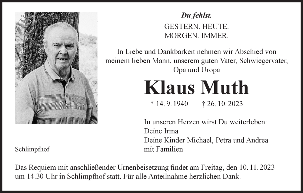  Traueranzeige für Klaus Muth vom 04.11.2023 aus MGO