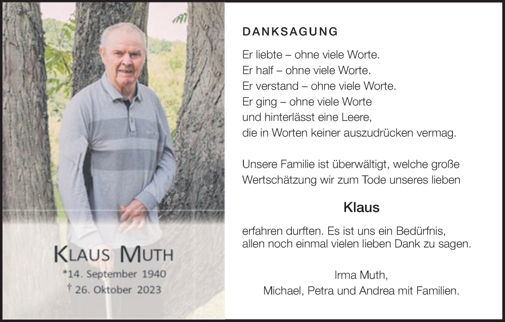  Traueranzeige für Klaus Muth vom 25.11.2023 aus MGO