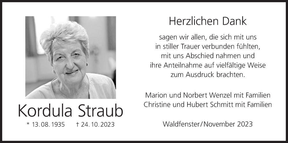  Traueranzeige für Kordula Straub vom 18.11.2023 aus MGO