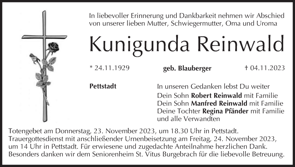  Traueranzeige für Kunigunda Reinwald vom 11.11.2023 aus MGO