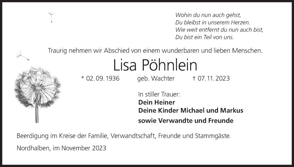  Traueranzeige für Lisa Pöhnlein vom 11.11.2023 aus MGO