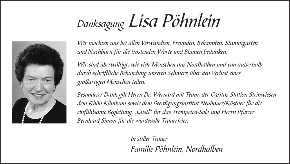  Traueranzeige für Lisa Pöhnlein vom 25.11.2023 aus MGO