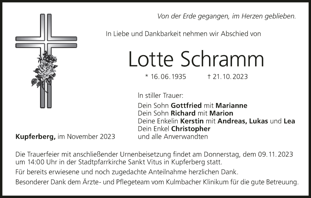  Traueranzeige für Lotte Schramm vom 04.11.2023 aus MGO