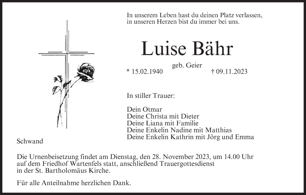  Traueranzeige für Luise Bähr vom 25.11.2023 aus MGO