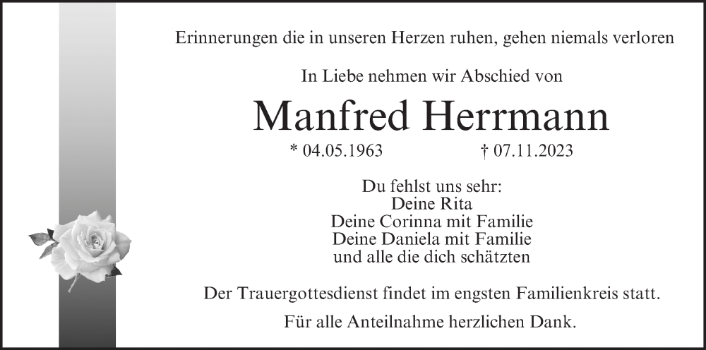  Traueranzeige für Manfred Herrmann vom 11.11.2023 aus MGO