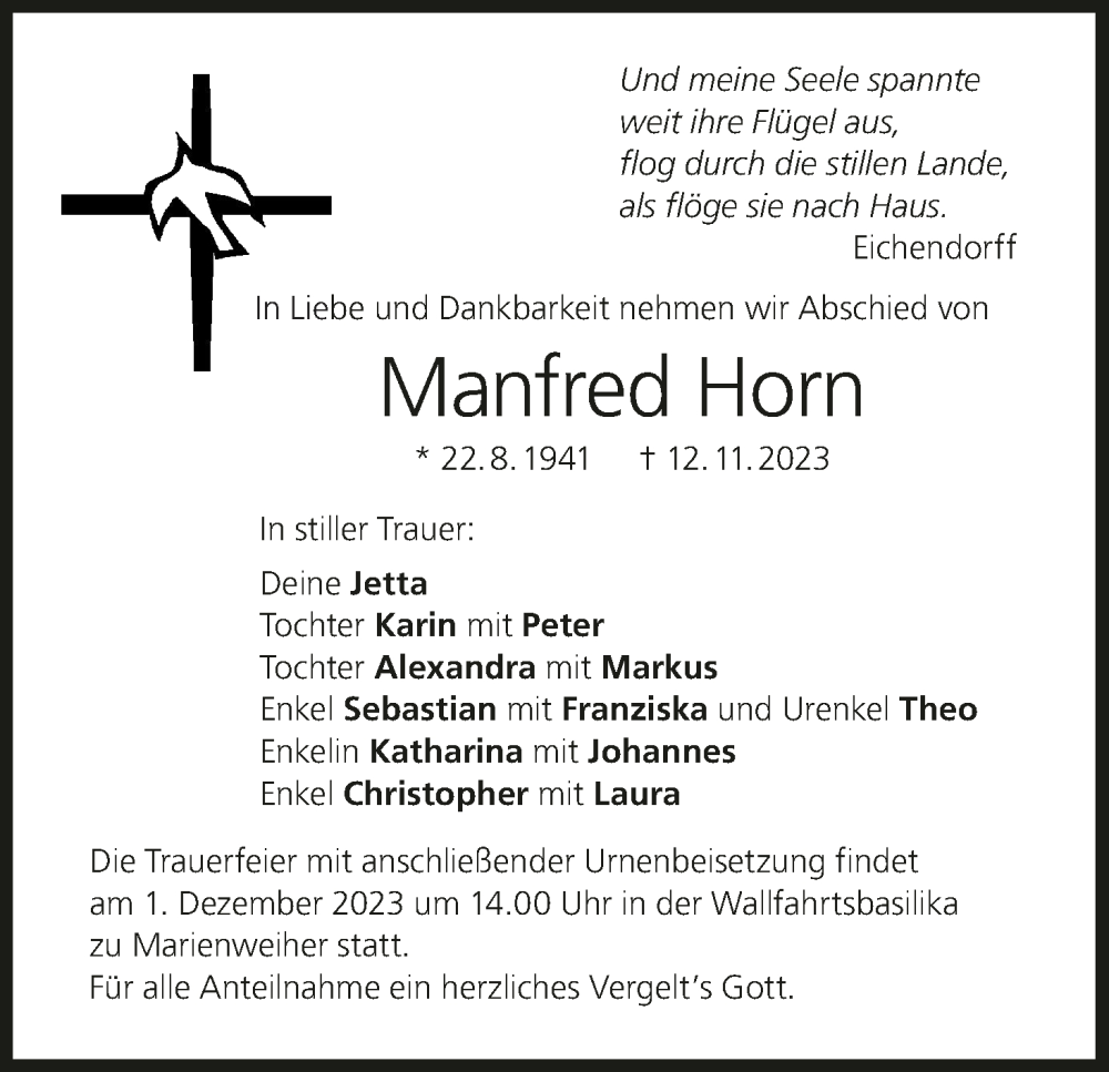  Traueranzeige für Manfred Horn vom 25.11.2023 aus MGO
