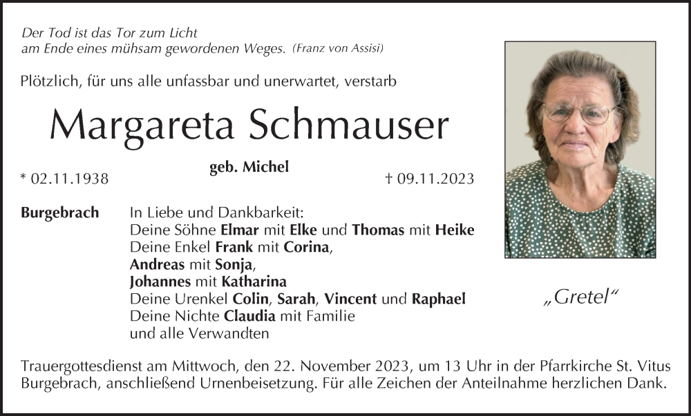  Traueranzeige für Margareta Schmauser vom 18.11.2023 aus MGO