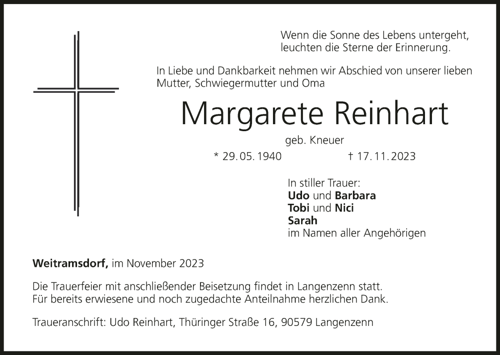  Traueranzeige für Margarete Reinhart vom 25.11.2023 aus MGO