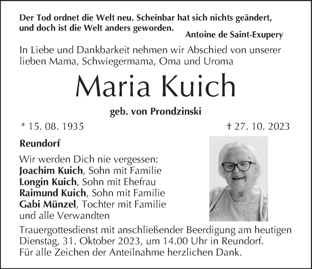  Traueranzeige für Maria Kuich vom 31.10.2023 aus MGO