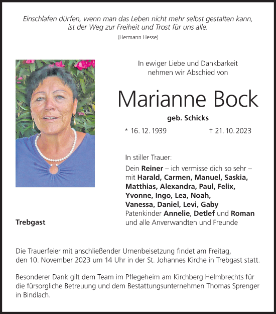 Anzeige von Marianne Bock von MGO