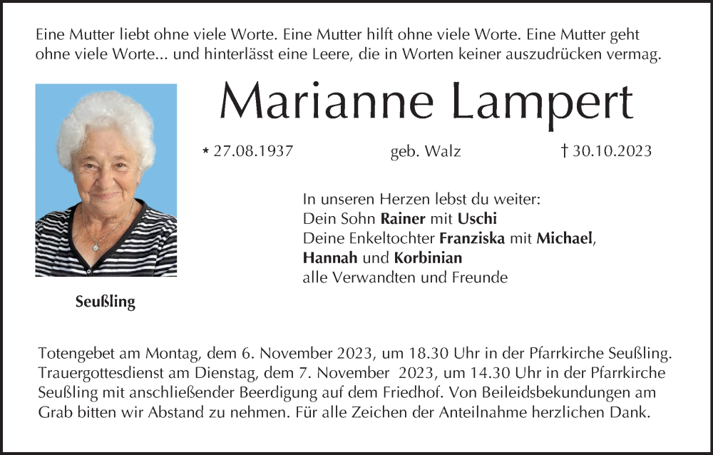  Traueranzeige für Marianne Lampert vom 04.11.2023 aus MGO