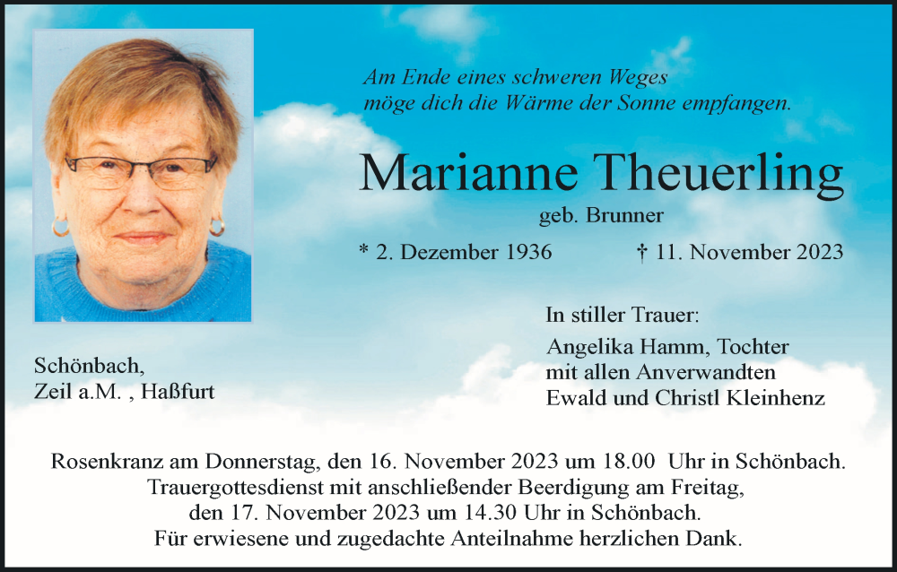  Traueranzeige für Marianne Theuerling vom 14.11.2023 aus MGO