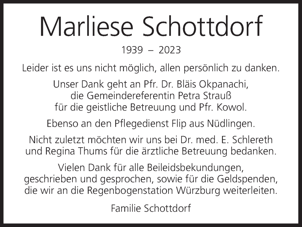  Traueranzeige für Marliese Schottdorf vom 04.11.2023 aus MGO