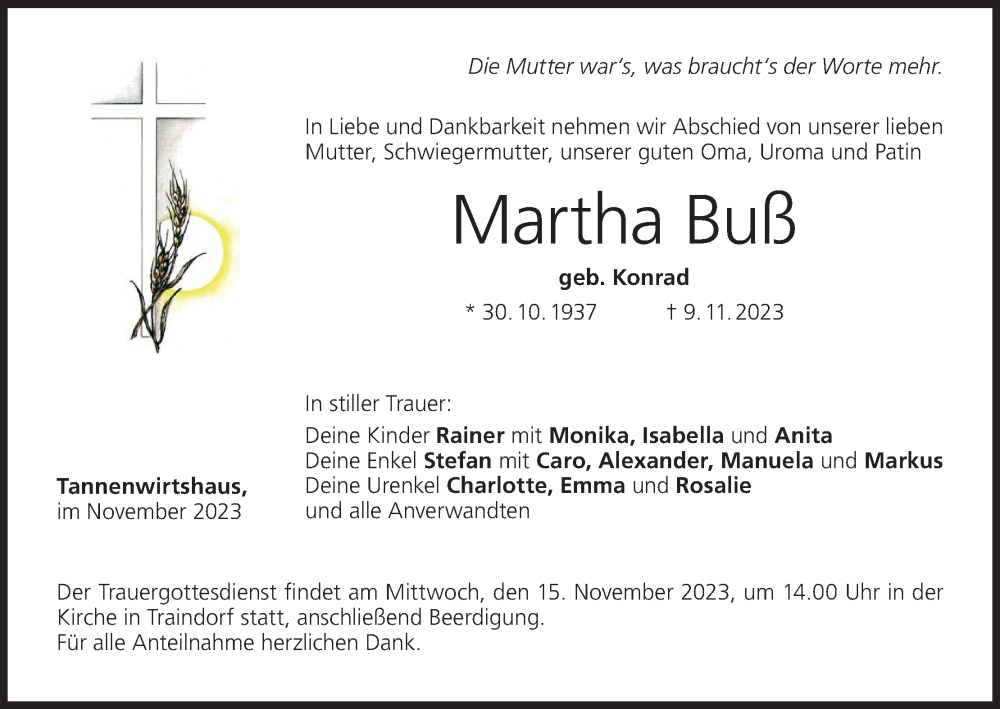  Traueranzeige für Martha Buß vom 11.11.2023 aus MGO