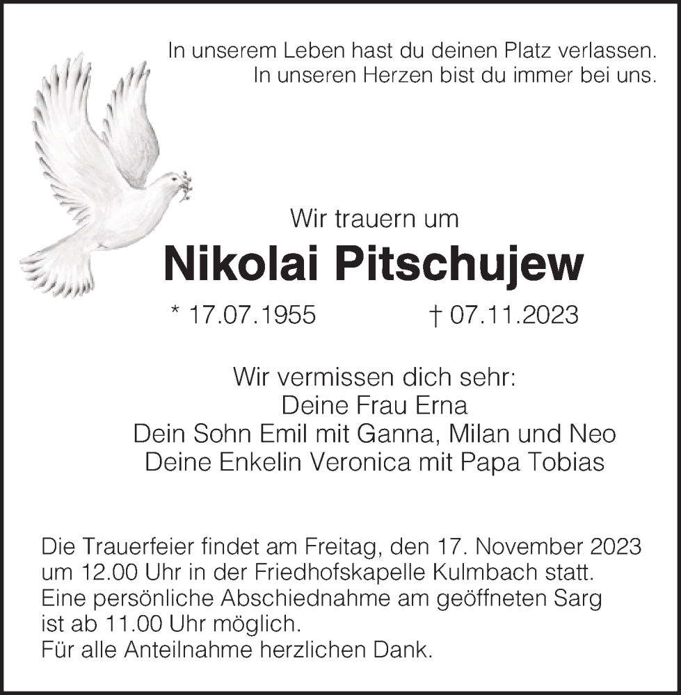  Traueranzeige für Nikolai Pitschujew vom 15.11.2023 aus MGO
