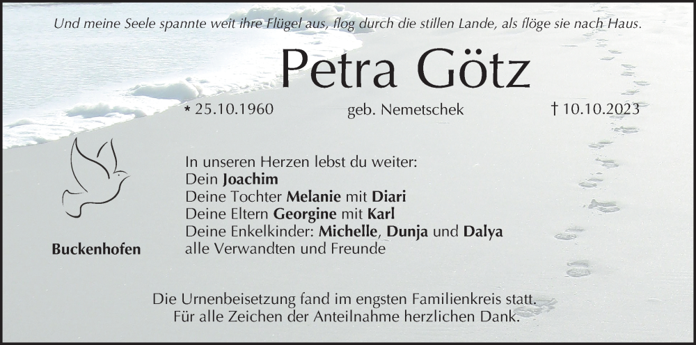  Traueranzeige für Petra Götz vom 04.11.2023 aus MGO