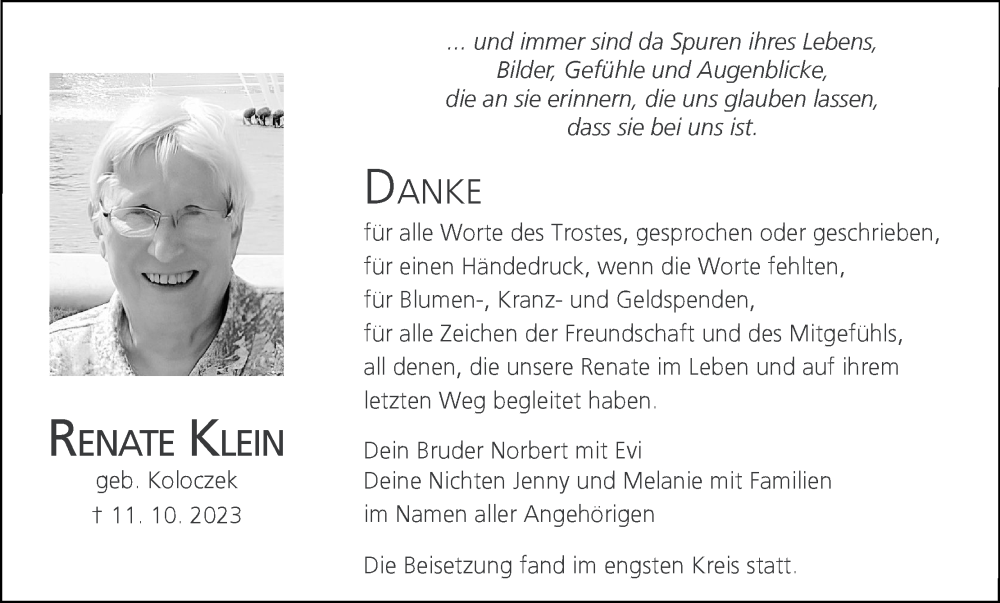  Traueranzeige für Renate Klein vom 04.11.2023 aus MGO
