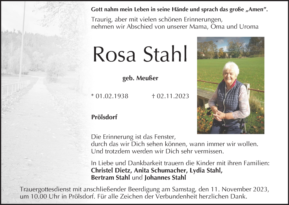  Traueranzeige für Rosa Stahl vom 08.11.2023 aus MGO
