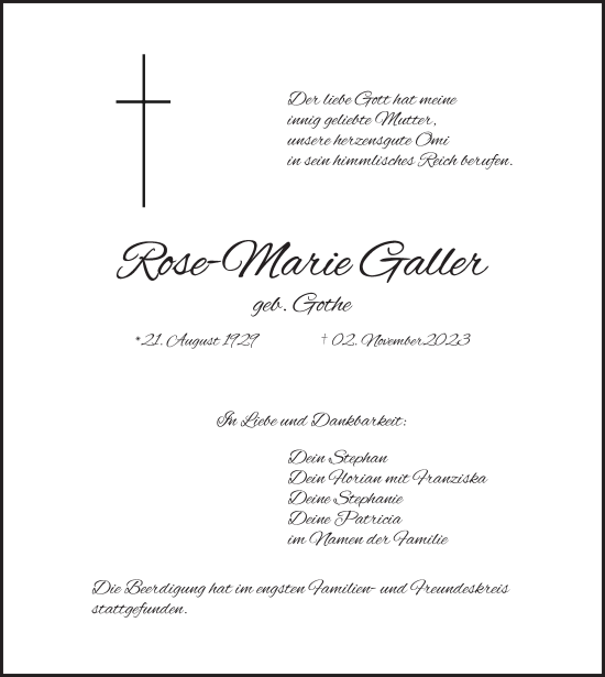 Anzeige von Rose-Marie Galler von MGO