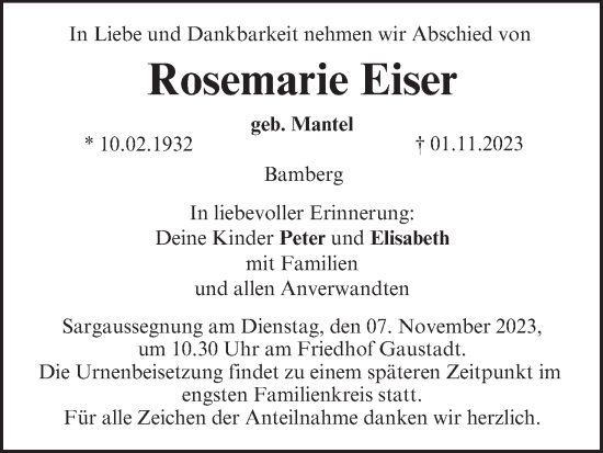 Anzeige von Rosemarie Eiser von MGO