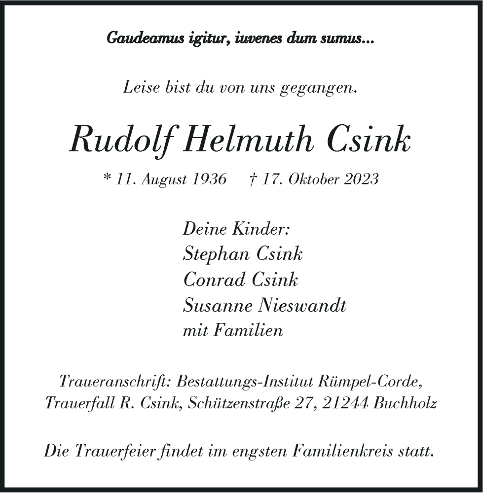  Traueranzeige für Rudolf Helmuth Csink vom 04.11.2023 aus MGO