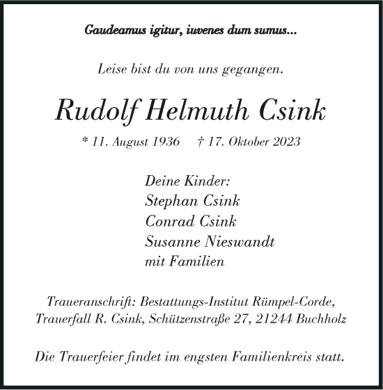 Anzeige von Rudolf Helmuth Csink von MGO