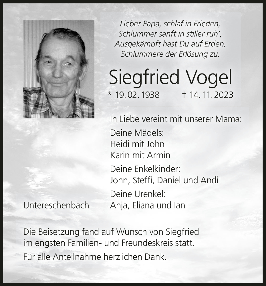  Traueranzeige für Siegfried Vogel vom 25.11.2023 aus MGO