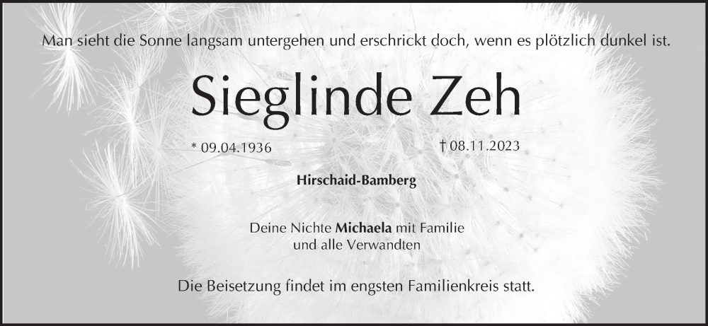 Traueranzeige für Sieglinde Zeh vom 11.11.2023 aus MGO
