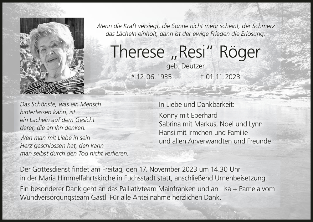  Traueranzeige für Therese Röger vom 11.11.2023 aus MGO