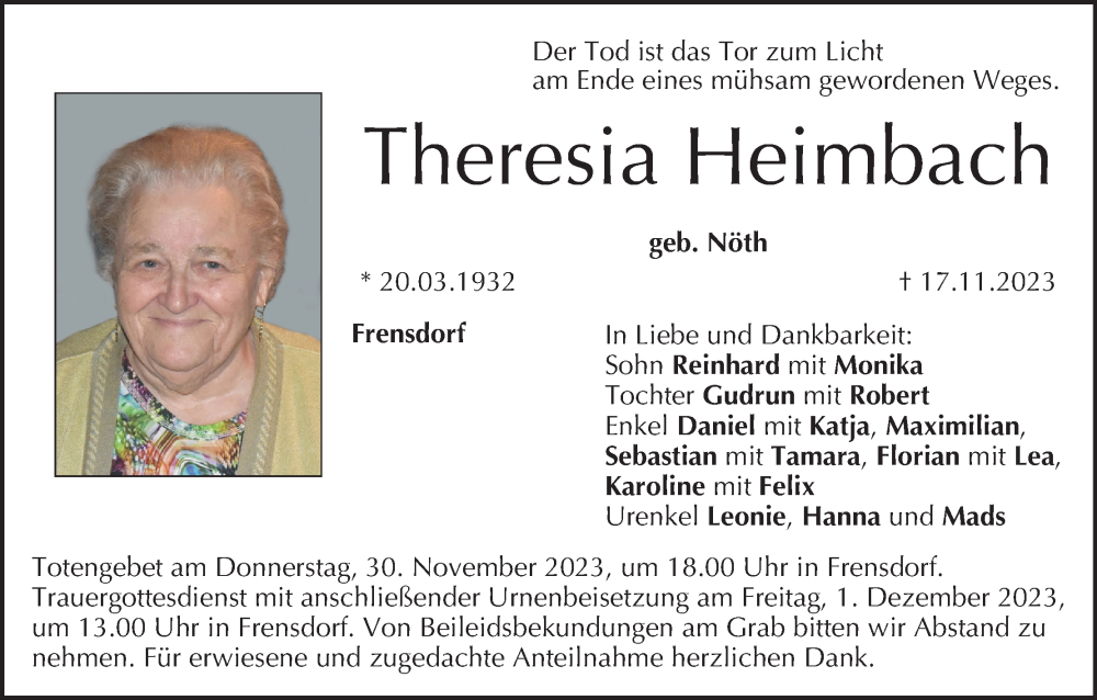  Traueranzeige für Theresia Heimbach vom 25.11.2023 aus MGO