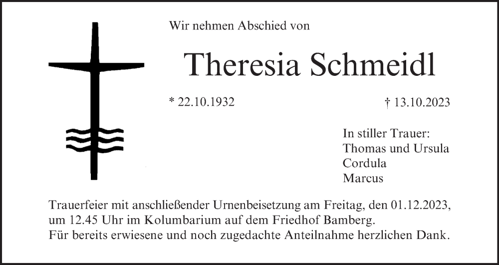  Traueranzeige für Theresia Schmeidl vom 25.11.2023 aus MGO