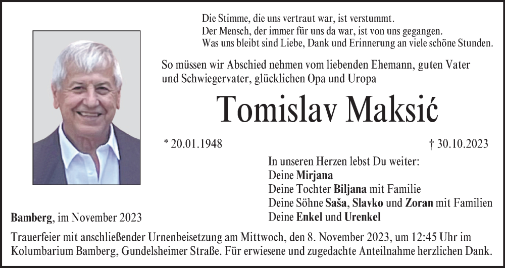  Traueranzeige für Tomislav Maksic vom 04.11.2023 aus MGO