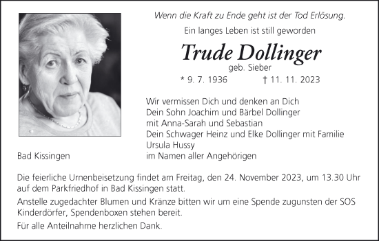 Anzeige von Trude Dollinger von MGO