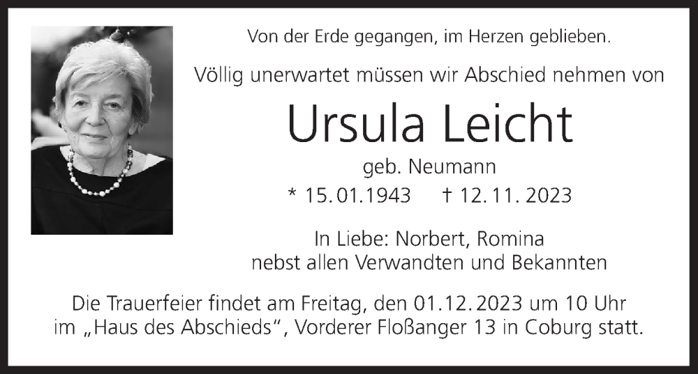  Traueranzeige für Ursula Leicht vom 25.11.2023 aus MGO