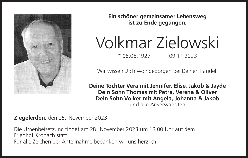  Traueranzeige für Volkmar Zielowski vom 25.11.2023 aus MGO