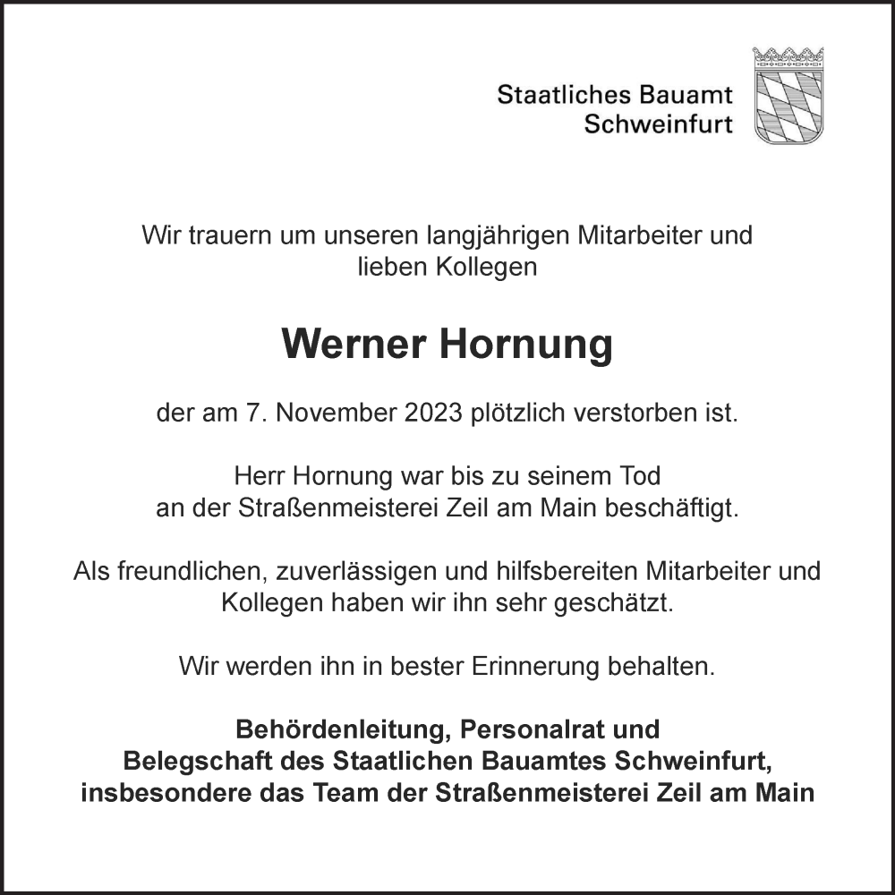 Traueranzeige für Werner Hornung vom 25.11.2023 aus MGO