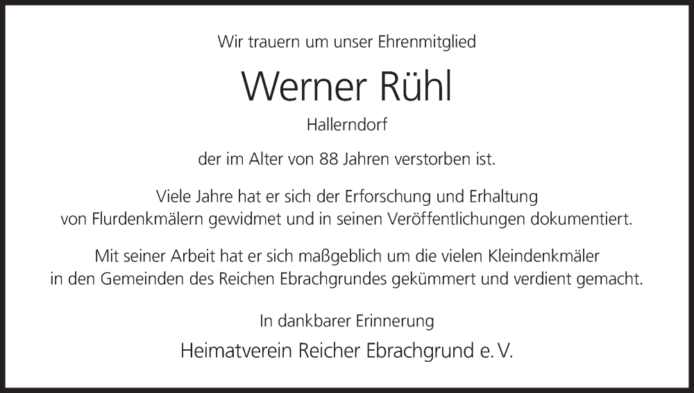  Traueranzeige für Werner Rühl vom 16.11.2023 aus MGO