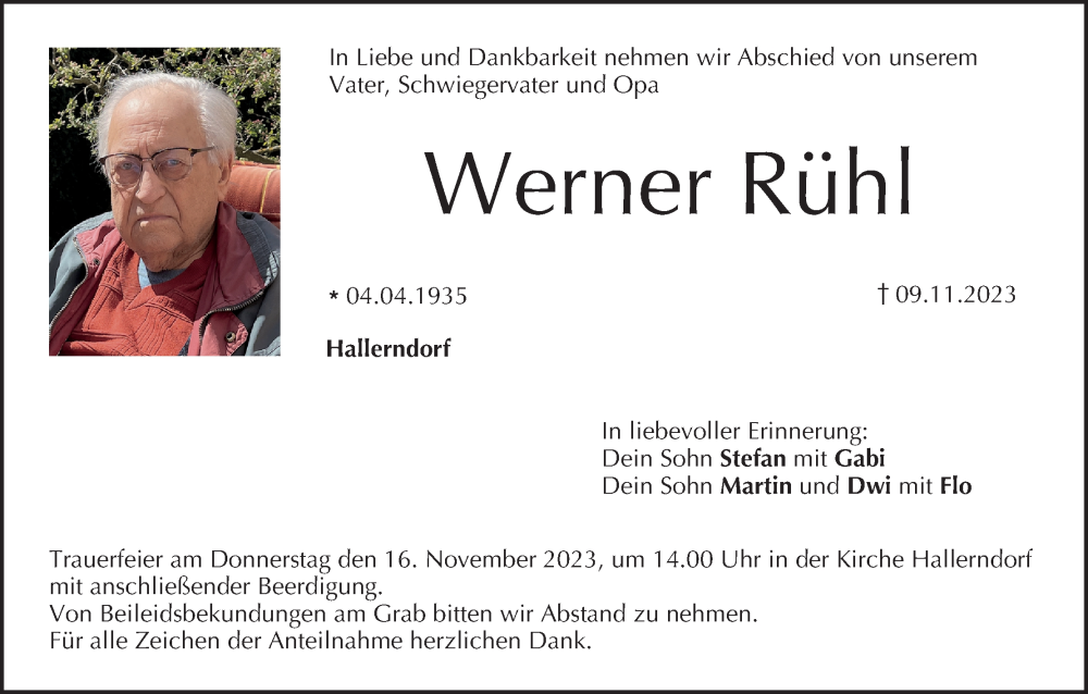  Traueranzeige für Werner Rühl vom 14.11.2023 aus MGO