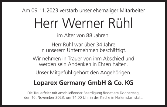 Anzeige von Werner Rühl von MGO