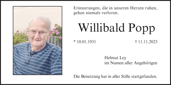 Anzeige von Willibald Popp von MGO