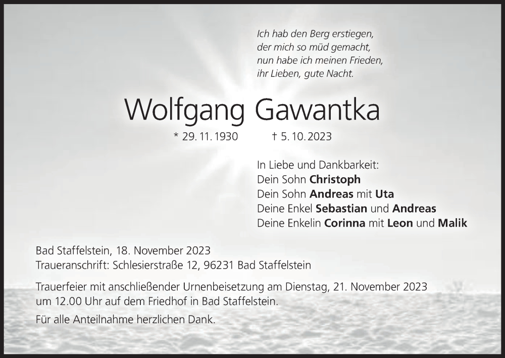  Traueranzeige für Wolfgang Gawantka vom 18.11.2023 aus MGO