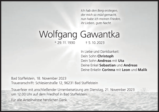 Anzeige von Wolfgang Gawantka von MGO