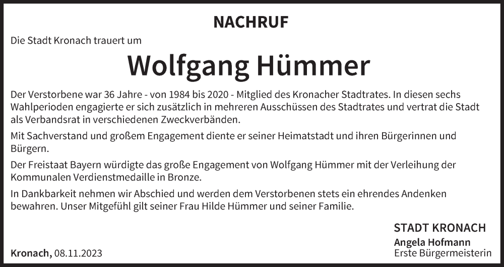  Traueranzeige für Wolfgang Hümmer vom 10.11.2023 aus MGO