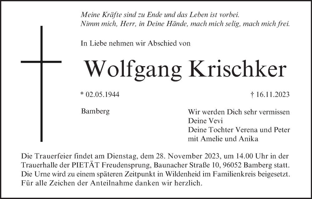  Traueranzeige für Wolfgang Krischker vom 25.11.2023 aus MGO