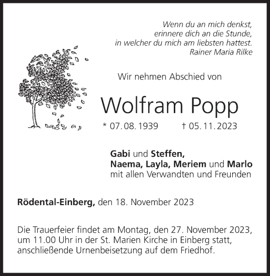 Anzeige von Wolfram Popp von MGO