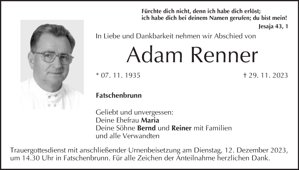  Traueranzeige für Adam Renner vom 09.12.2023 aus MGO