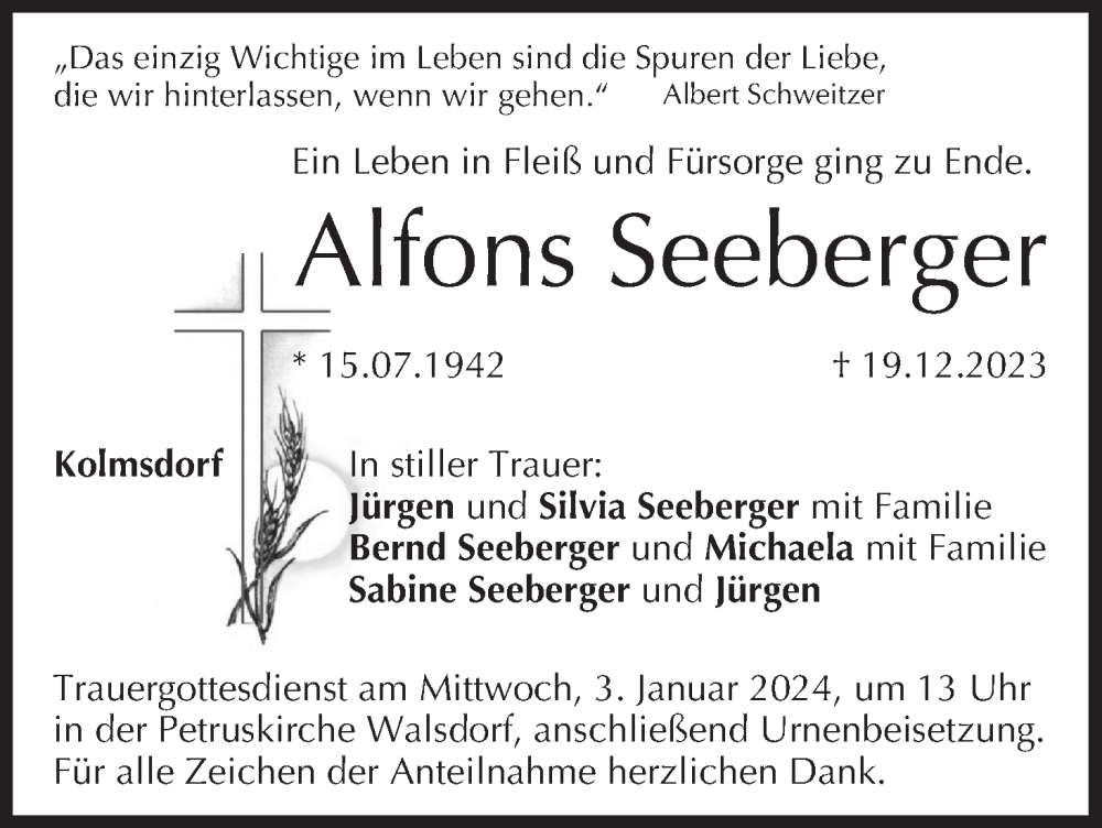  Traueranzeige für Alfons Seeberger vom 23.12.2023 aus MGO