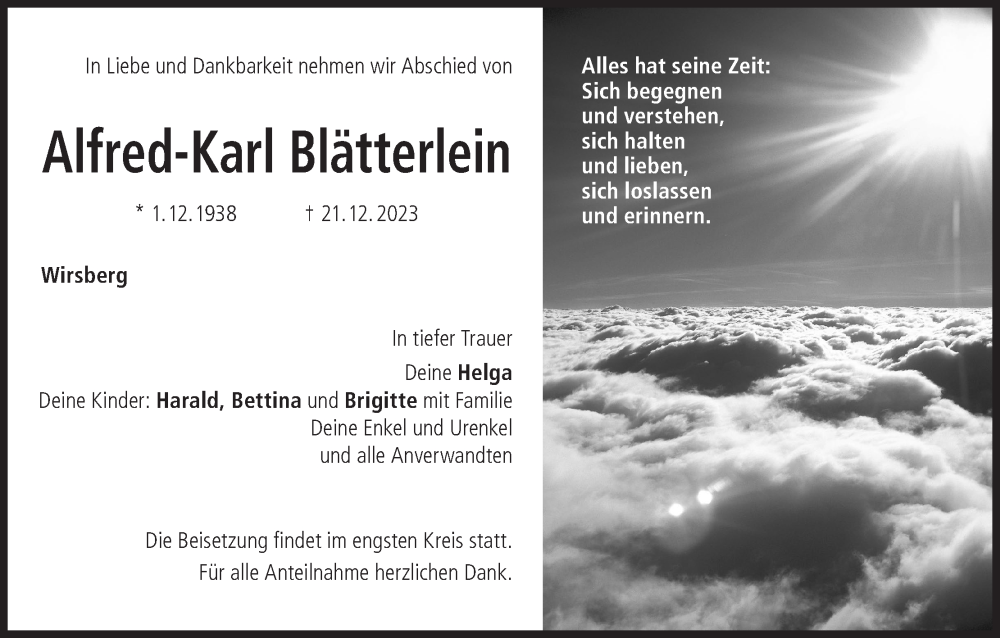  Traueranzeige für Alfred-Karl Blätterlein vom 23.12.2023 aus MGO
