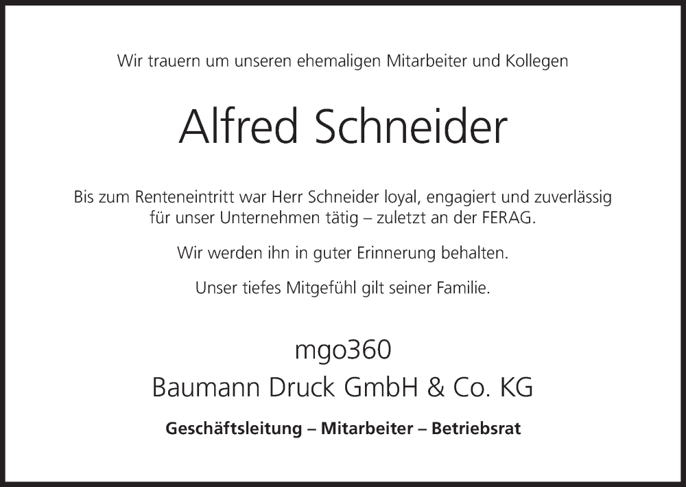  Traueranzeige für Alfred Schneider vom 16.12.2023 aus MGO