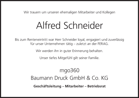 Anzeige von Alfred Schneider von MGO